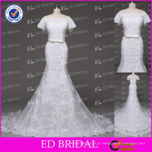 Real Sample Mermaid Scalloped Short Sleeve Lace vestidos de casamento Appliqued 2015